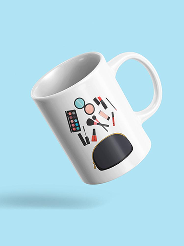 a white mug with makeup items on it