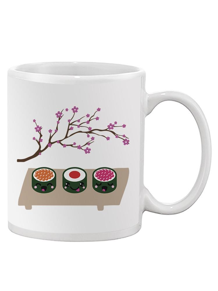 a white mug with a picture of sushi