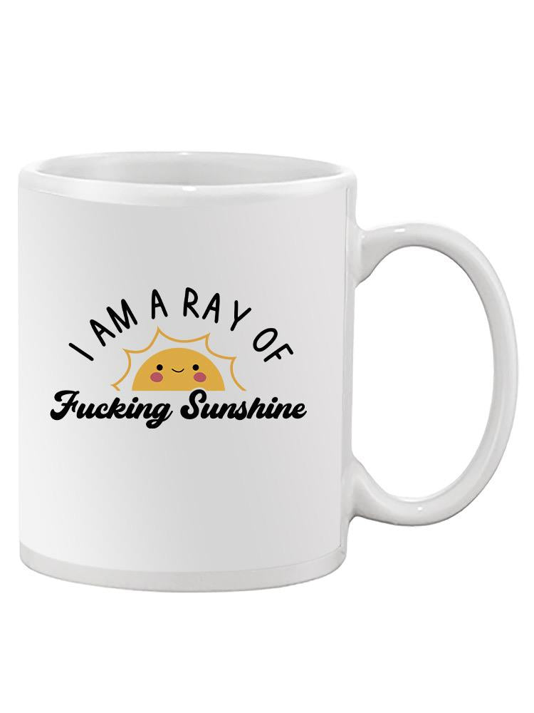 a white mug with a yellow sun and black text