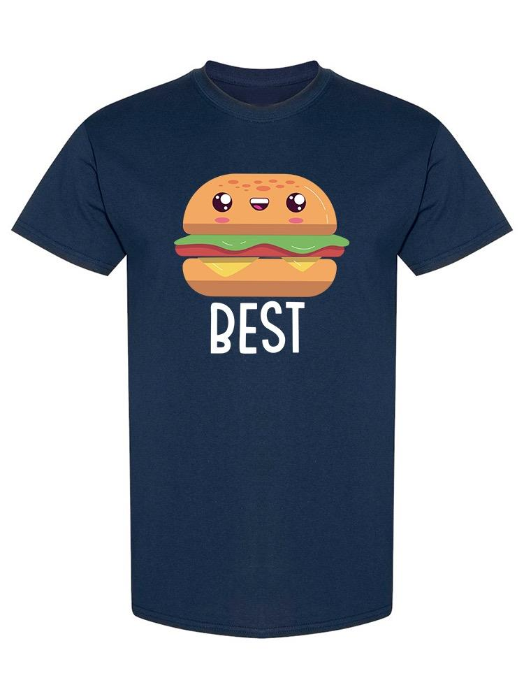 a blue shirt with a burger on it