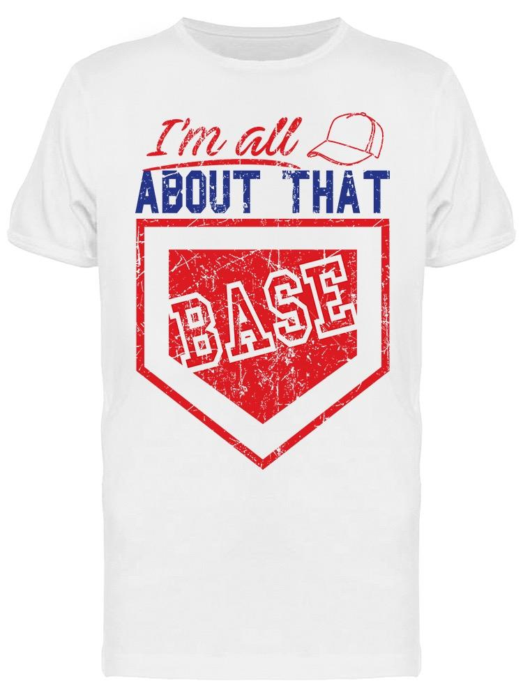 a white t-shirt with red and blue text