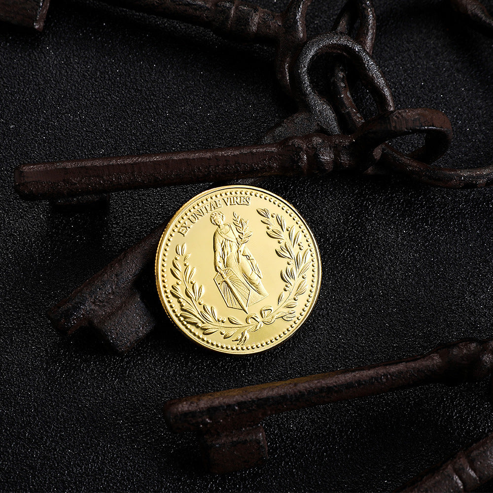 a gold coin on a rusty chain