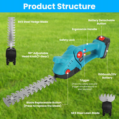 1Set Pole Mini Hedge Trimmer And Grass Shear Electric Cordless Handheld Hedge Trimmer With 90Degree Rotatable Head Telescopic Extension Pole Gloves Goggles 2Pcs 21V Batteries