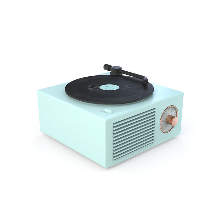 a blue record player with a black record on top