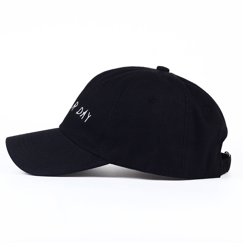 a black hat with white text