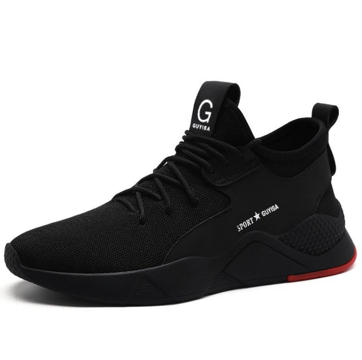 a black shoe with white text