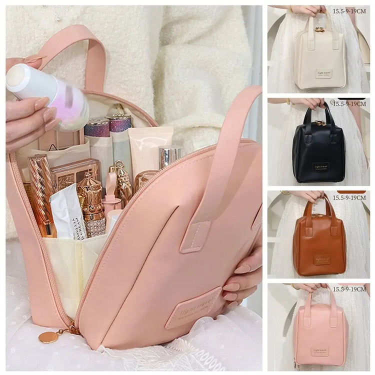 a woman holding a bag with different items inside