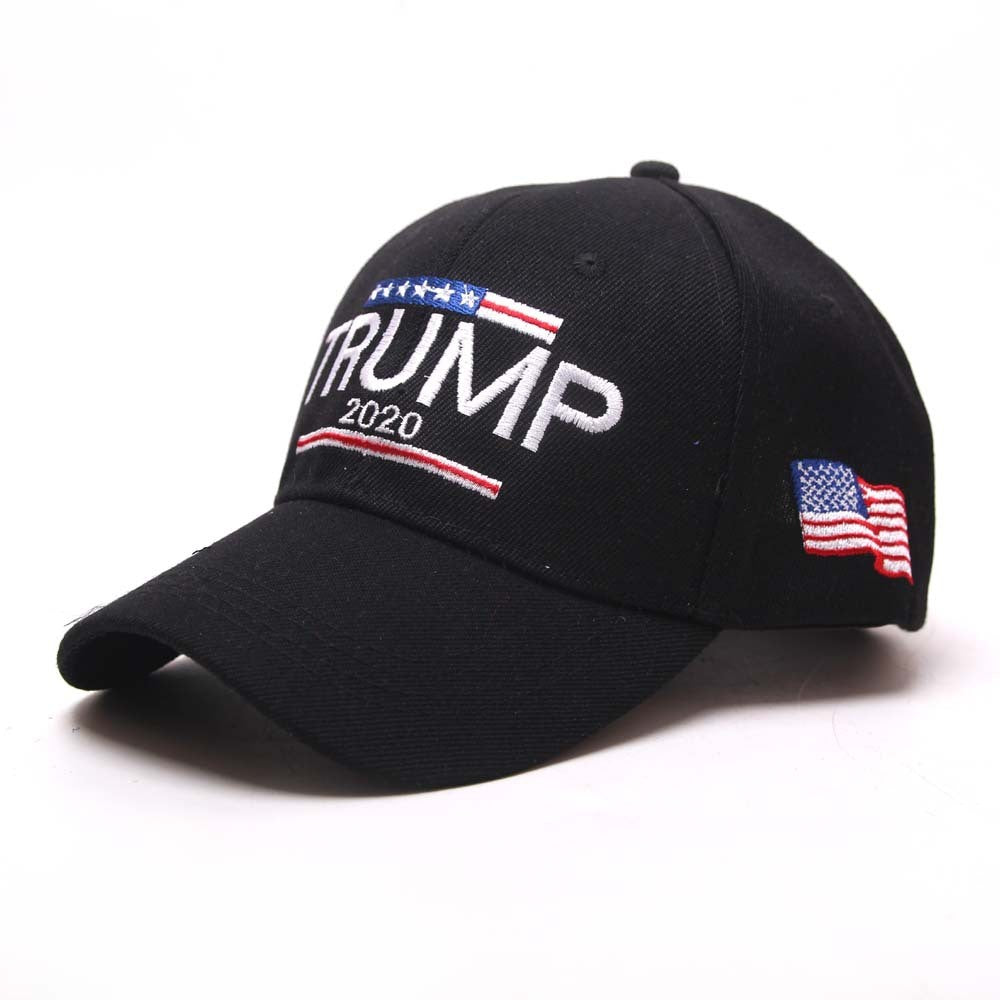 a black hat with a flag and a white background
