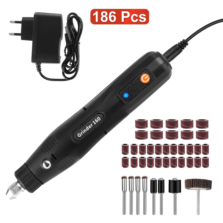 a black electric drill with a cord and accessories
