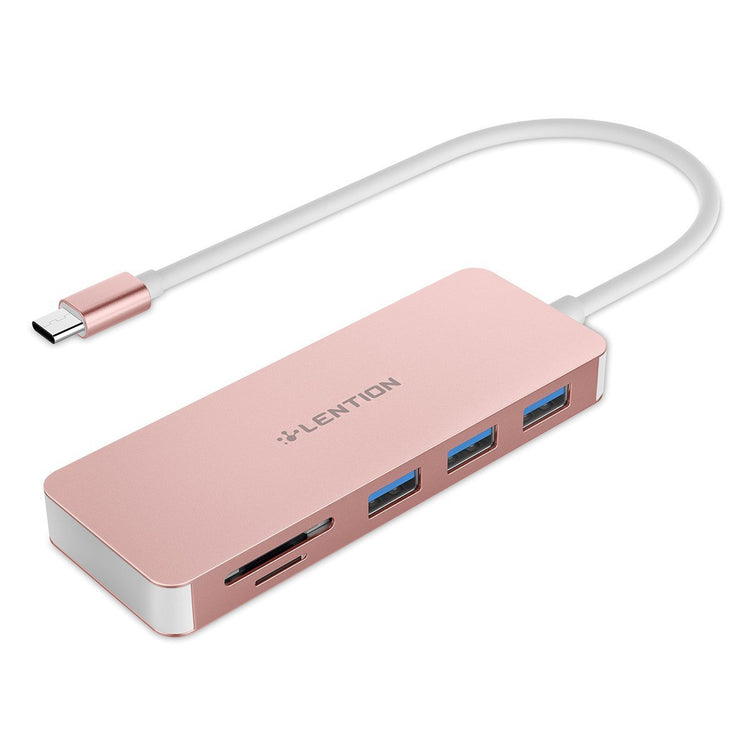 a pink usb hub with a cable