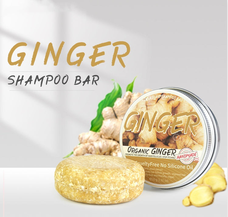 a ginger shampoo bar with a jar of ginger and ginger root