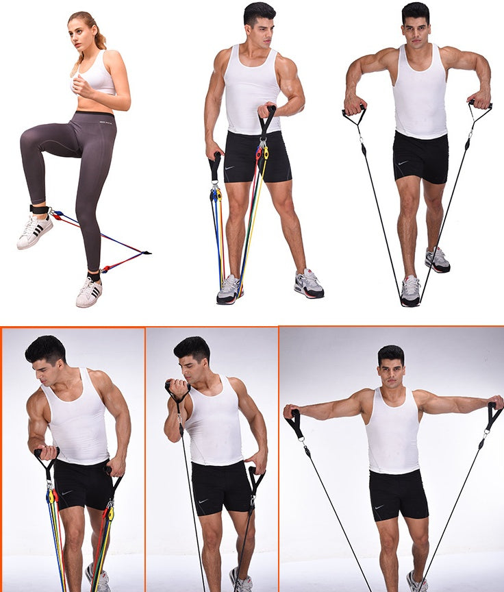 a collage of a man and a woman exercising with a resistance band