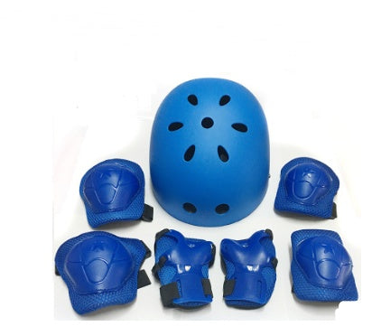 a blue helmet and knee pads