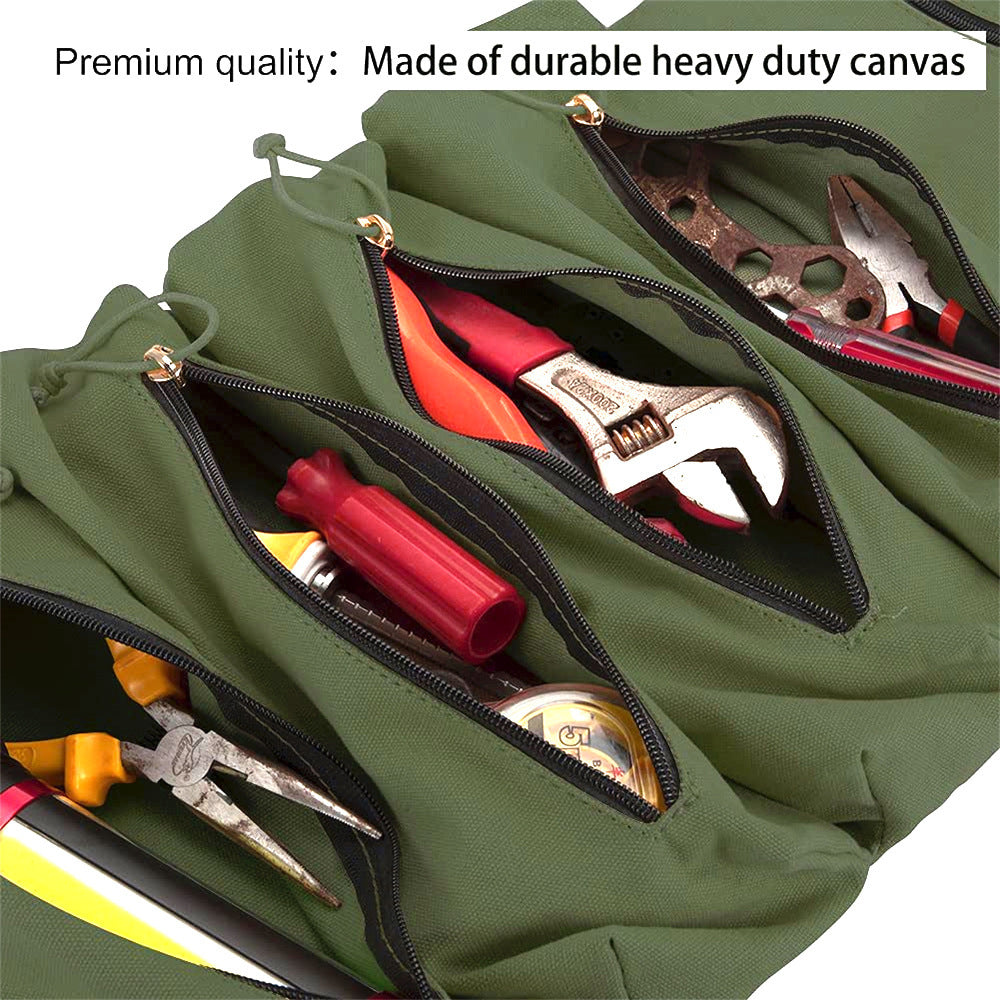 a green bag with tools inside