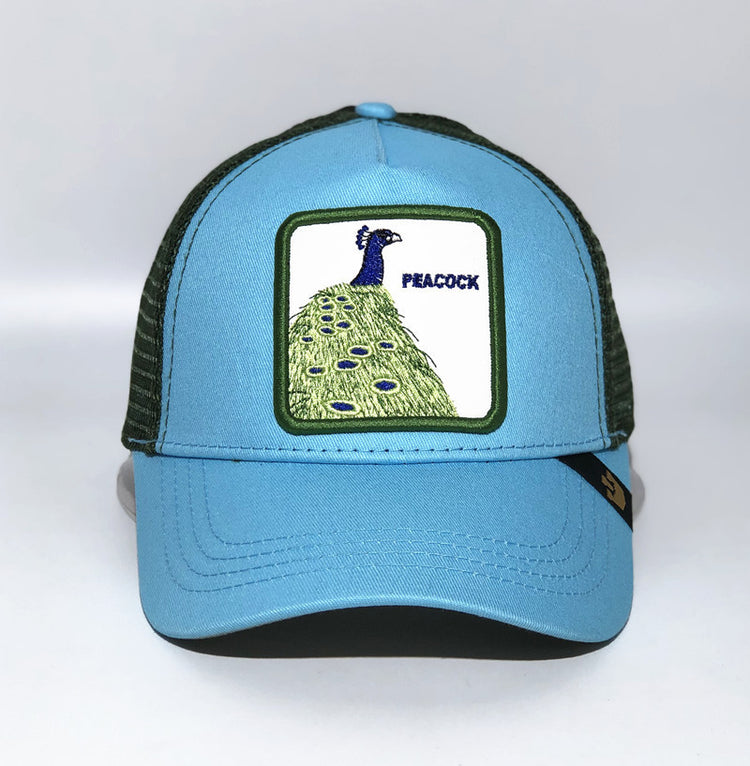a blue hat with a picture on it