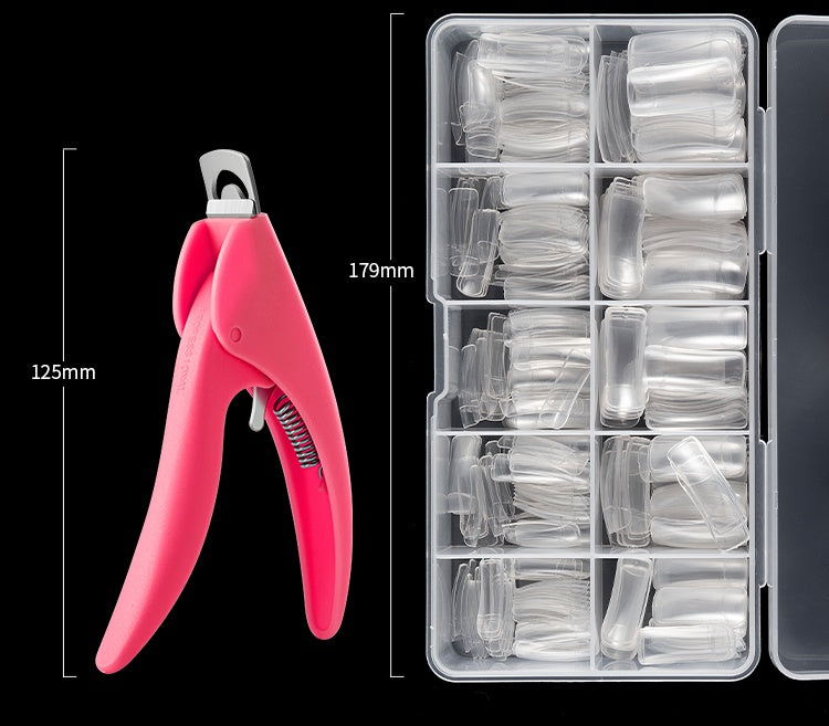 a pink nail clipper and a plastic container with plastic tips