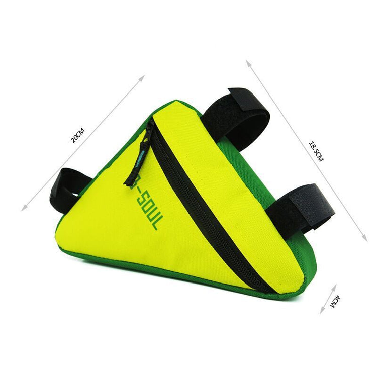 a yellow triangle bag with black straps