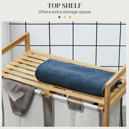 Bamboo Laundry Basket, Double Laundry Hamper with Shelf, 2 Pull-Out and Removable Bags, Natural Wood and Dark Gray