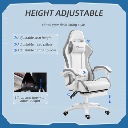 Vinsetto Computer Gaming Chair, PU Leather Desk Chair With Footrest, Swivel Task Chair With 135° Reclining Back And Lumbar Support, PC Chair For Adults, White And Grey