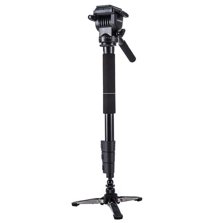 a black camera tripod with a white background