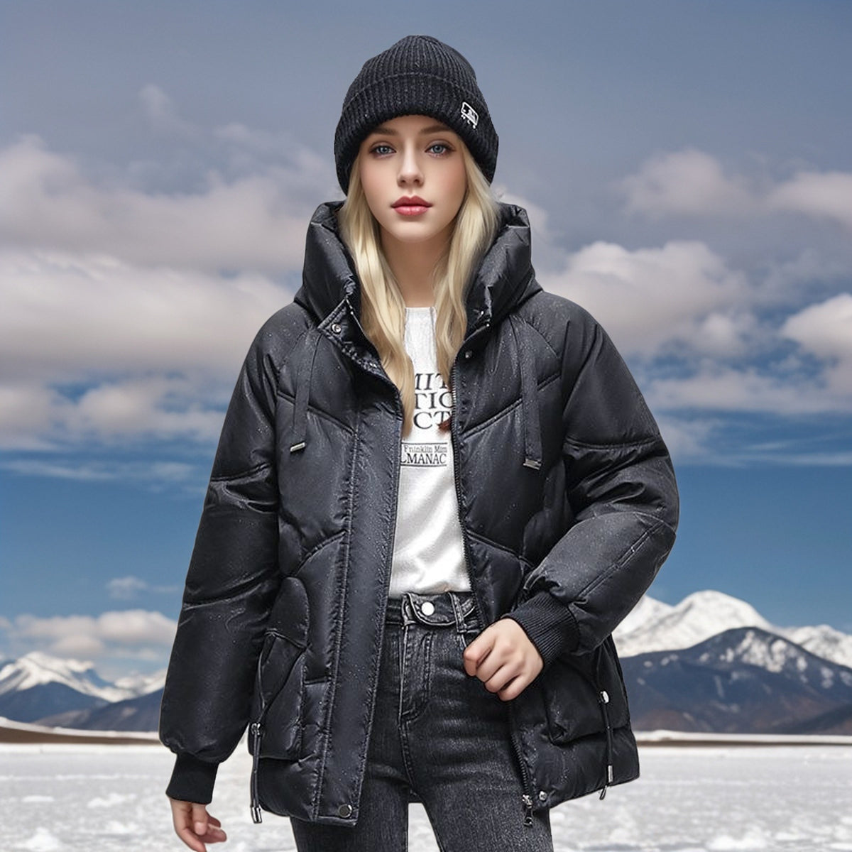 a woman in a black coat and hat standing in snow