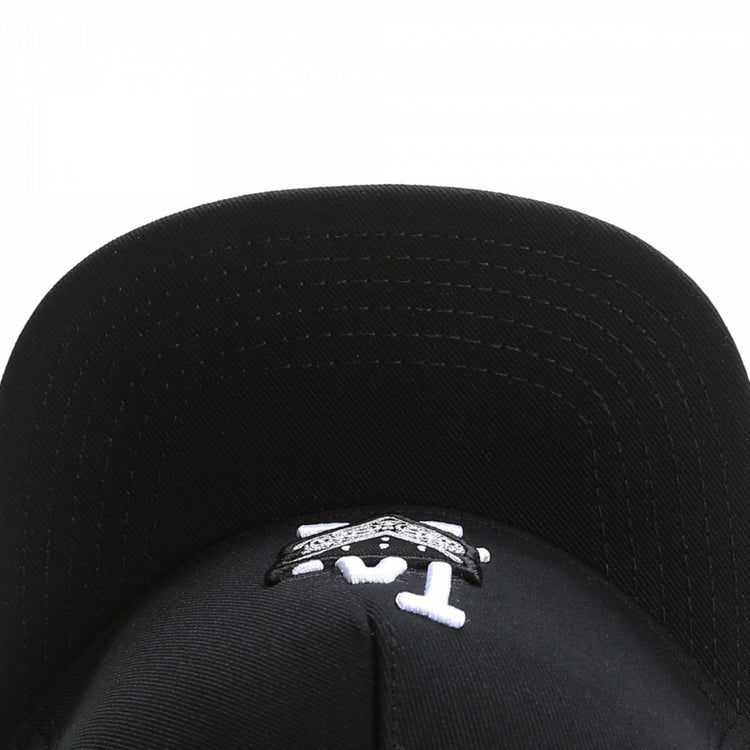 a black hat with a white logo