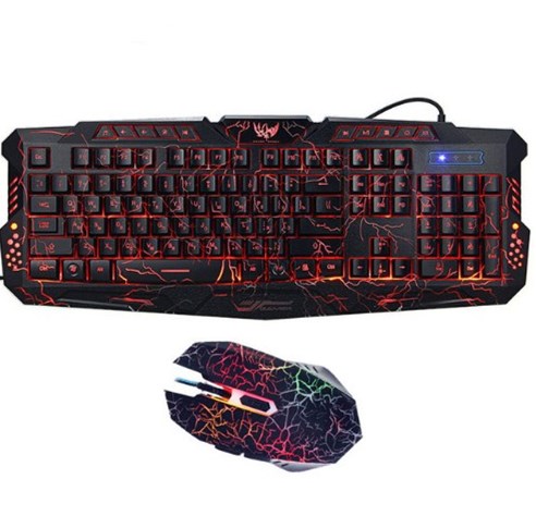 a keyboard and mouse with red lighting