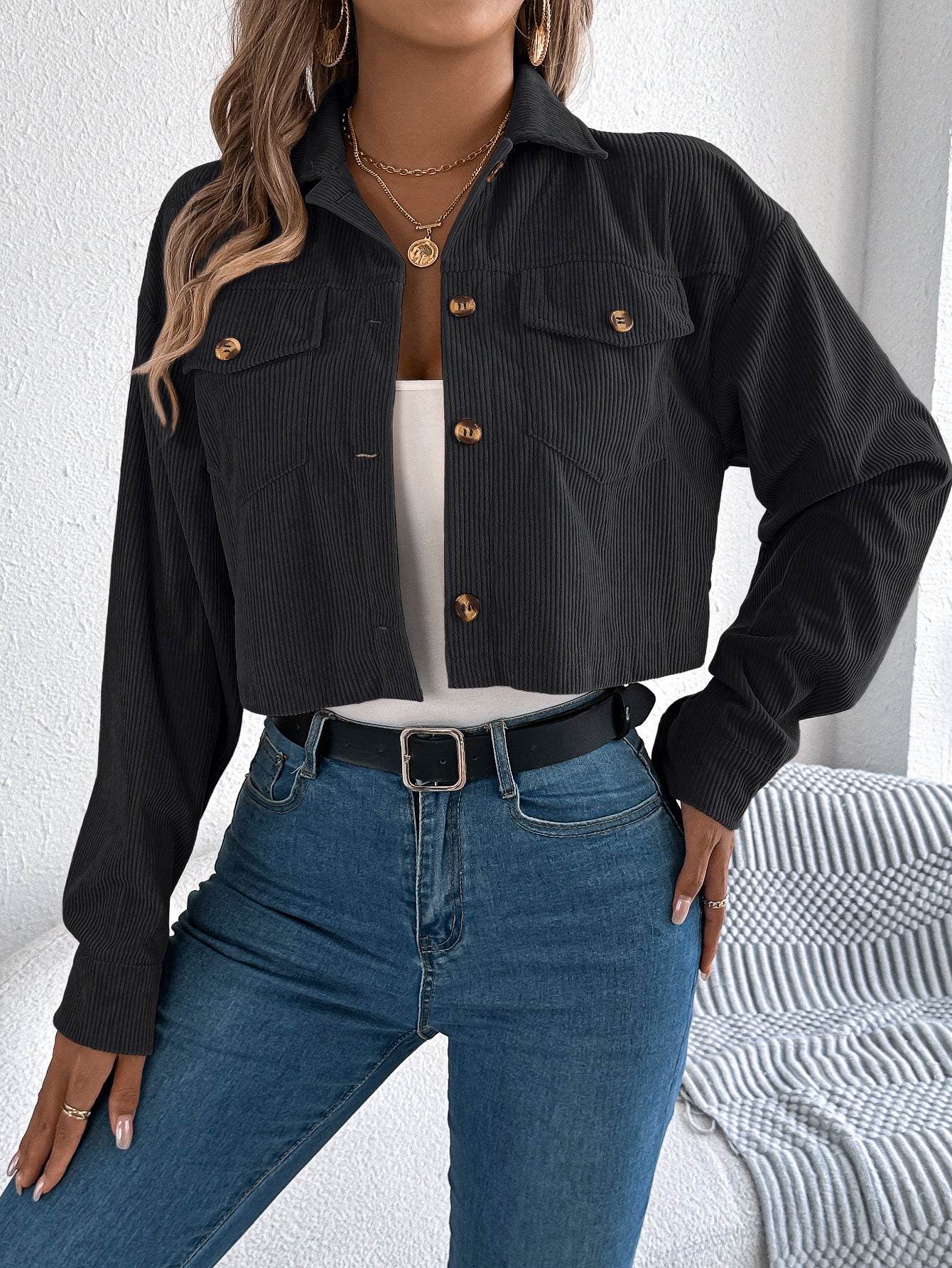 Casual Pocket Long Sleeve Corduroy Short Jacket Coat