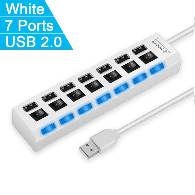 a white usb extension strip with blue lights