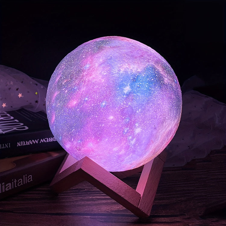 a glowing moon on a wooden stand