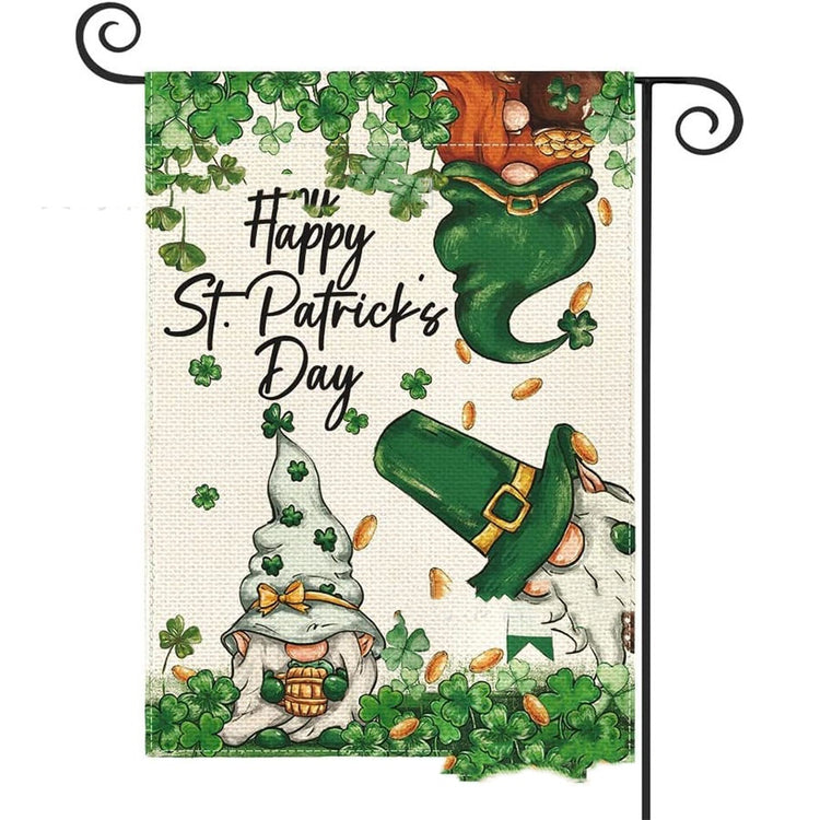a flag with a picture of gnomes and clovers