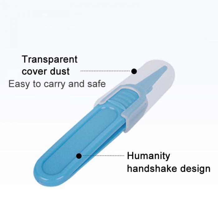 a blue plastic tool with black text