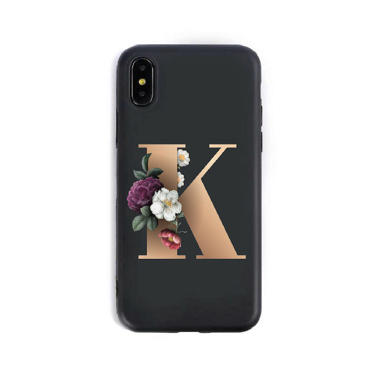 a black phone case with a letter on it
