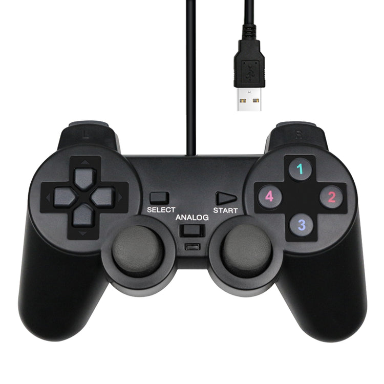 a black video game controller with a usb cable