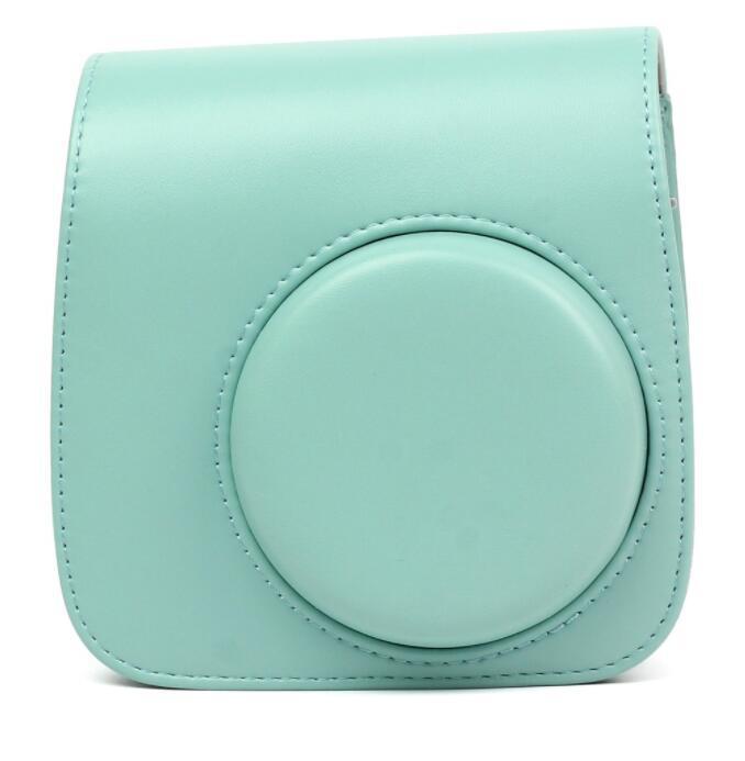 a blue leather case with a round circle