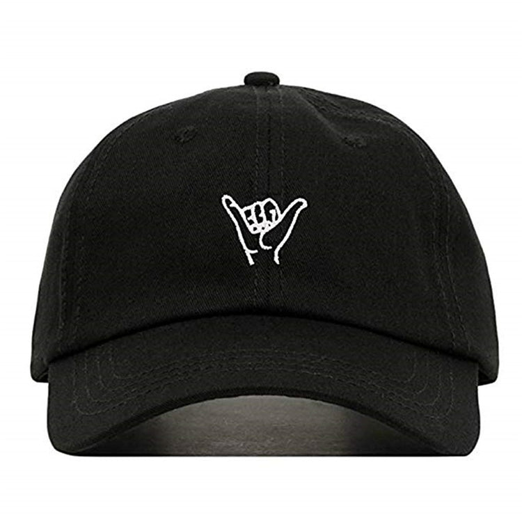 a black hat with a hand gesture on it