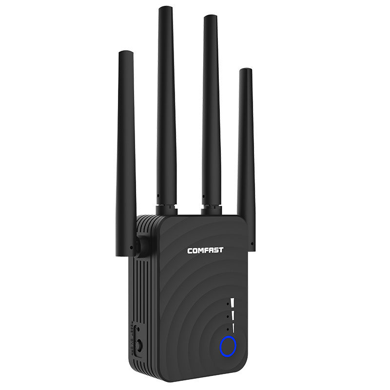 a black wireless router with multiple antennas