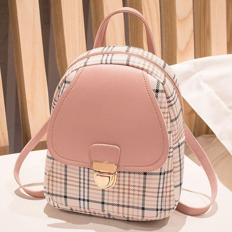 a pink and white plaid backpack