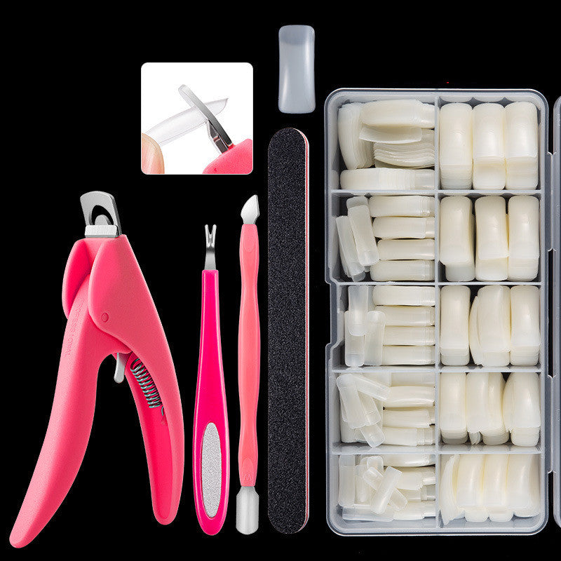 a pink nail clippers and a box of nail tips