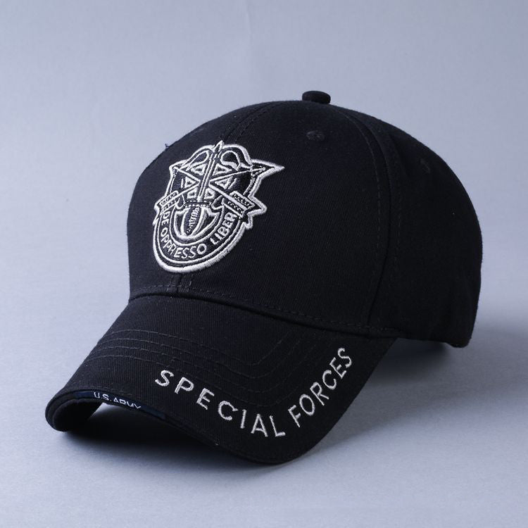 a black hat with a white logo on it