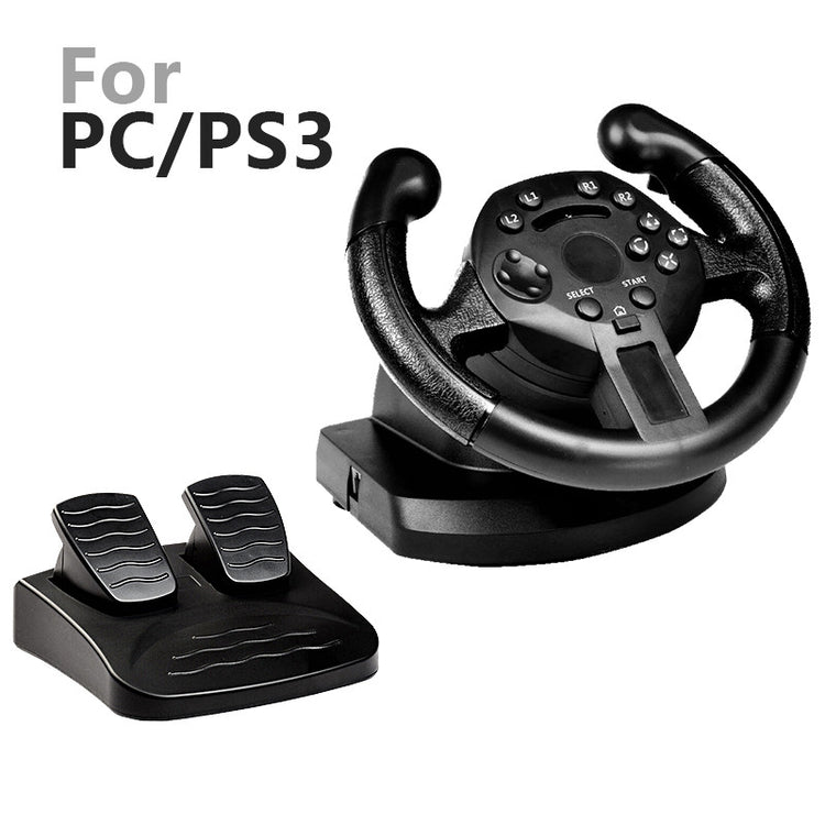 a black steering wheel and pedal