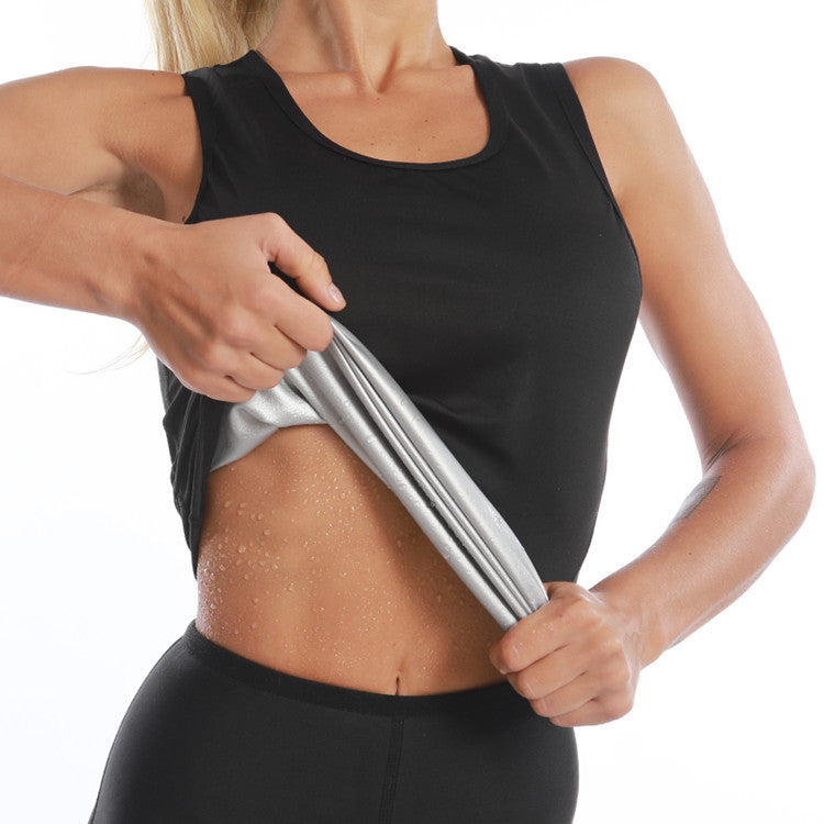 a woman putting a grey cloth on her stomach