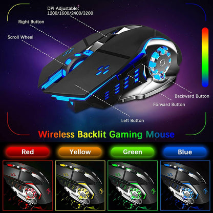 3in1 2.4G Wireless Rainbow Gaming Keyboard Mouse Set LED Backlit For PC PS4