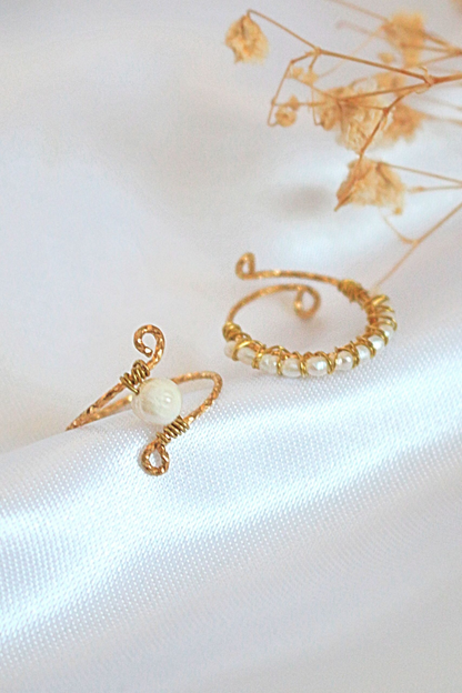 "Mademoiselle" | Solitaire & Band Freshwater Pearls Hand Wired Rings Bundle (2 Items)