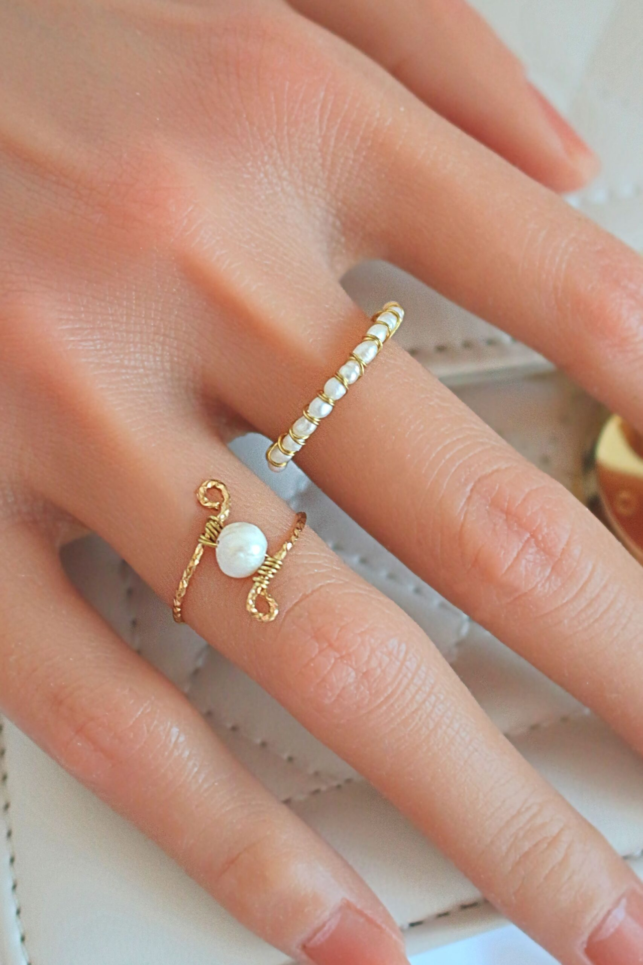 "Mademoiselle" | Solitaire & Band Freshwater Pearls Hand Wired Rings Bundle (2 Items)