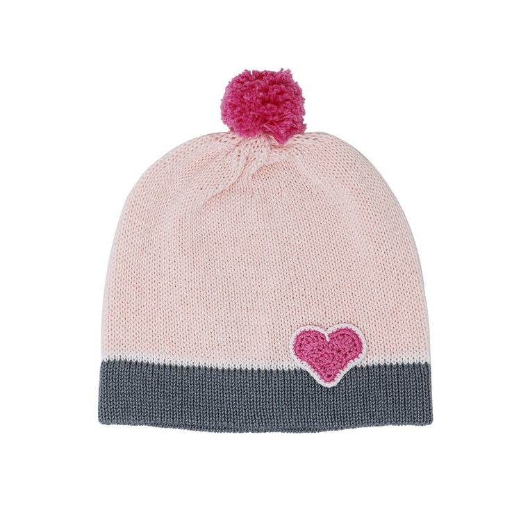 a pink and grey knit hat with a heart on it