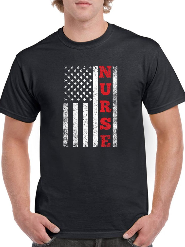a man wearing a black shirt with a flag