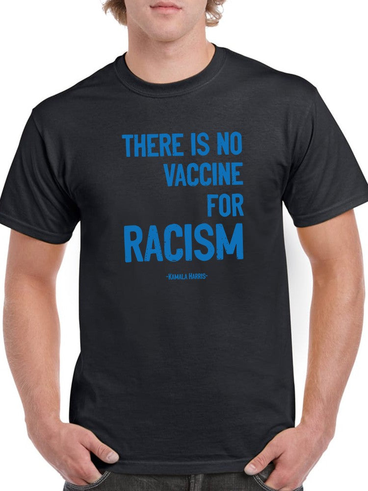 a man wearing a black shirt with blue text