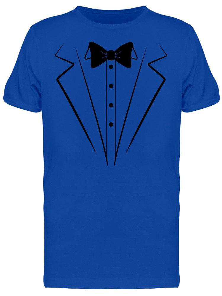 a blue shirt with a black bow tie