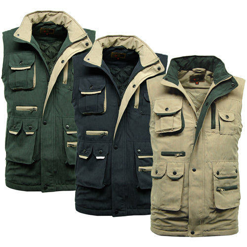several different colored vests with pockets
